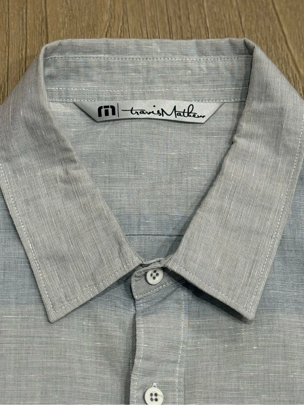 TravisMathew Men’s Short-Sleeve Casual Button-Down Shirt (Grey/Blue, Size L)